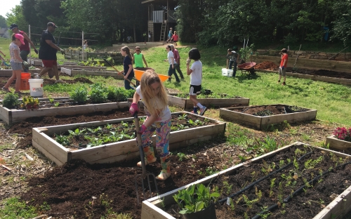 crianças em horta ao livre em Montessori